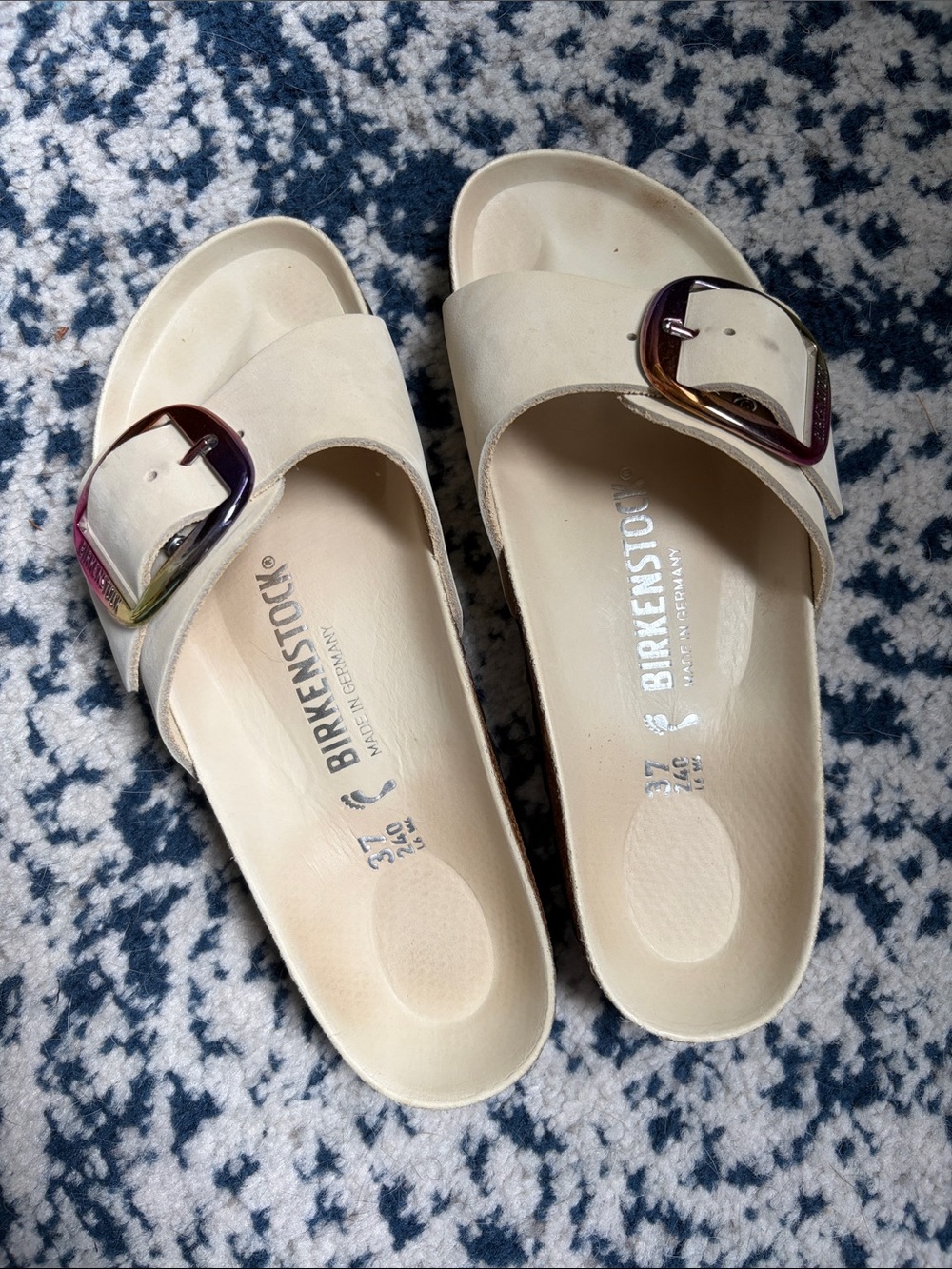 Birkenstock Madrid Suede Slide Sandals in Cream with Iridescent Buckles